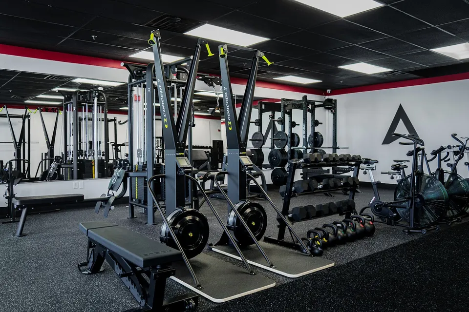 Concept2 SkiErgs, dumbbell rack and benches in daylight